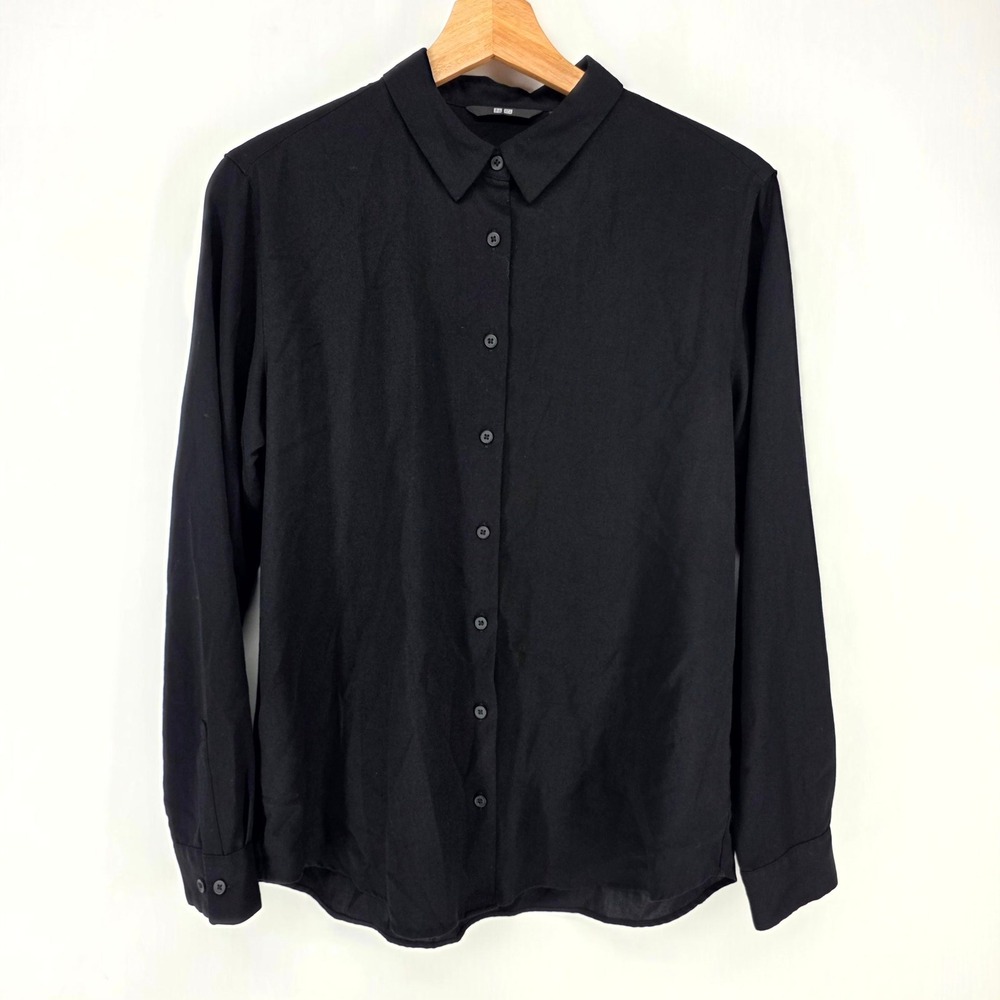 Uniqlo Button Down Womens S Black Rayon Blend Long Sleeve Blouse 231-439730